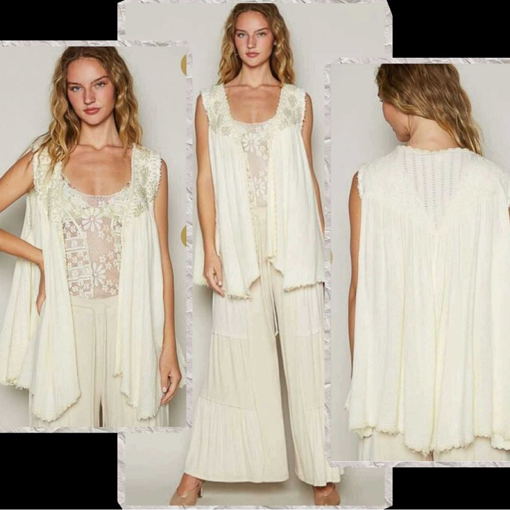 NWOT POL Open Front Sleeveless Cardigan / Vest with Pearl Embellishment